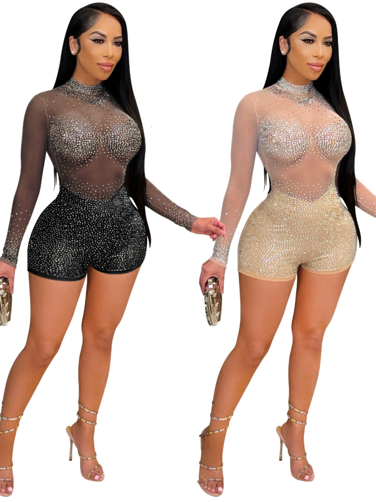 Long-Sleeved Sheer Rhinestone Romper Jumpsuit – Sexy Club Wear