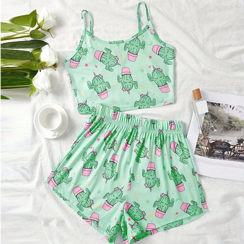 Cactus Print Tank Top Crop Top And Shorts Casual Two Piece Set