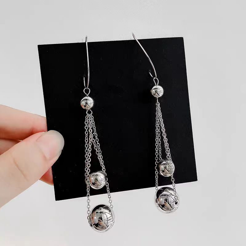 Large Metal Round Beads Long Tassel Drop Earrings