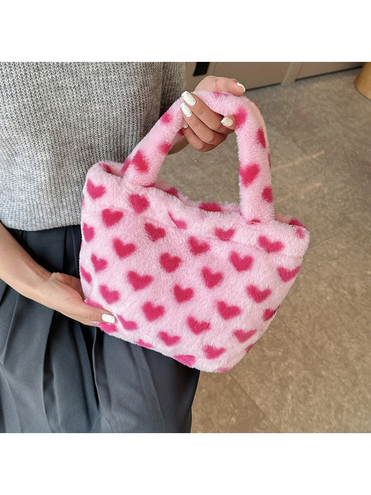 Cute Plush Flower Or Heart Print Tote Bag Handbags