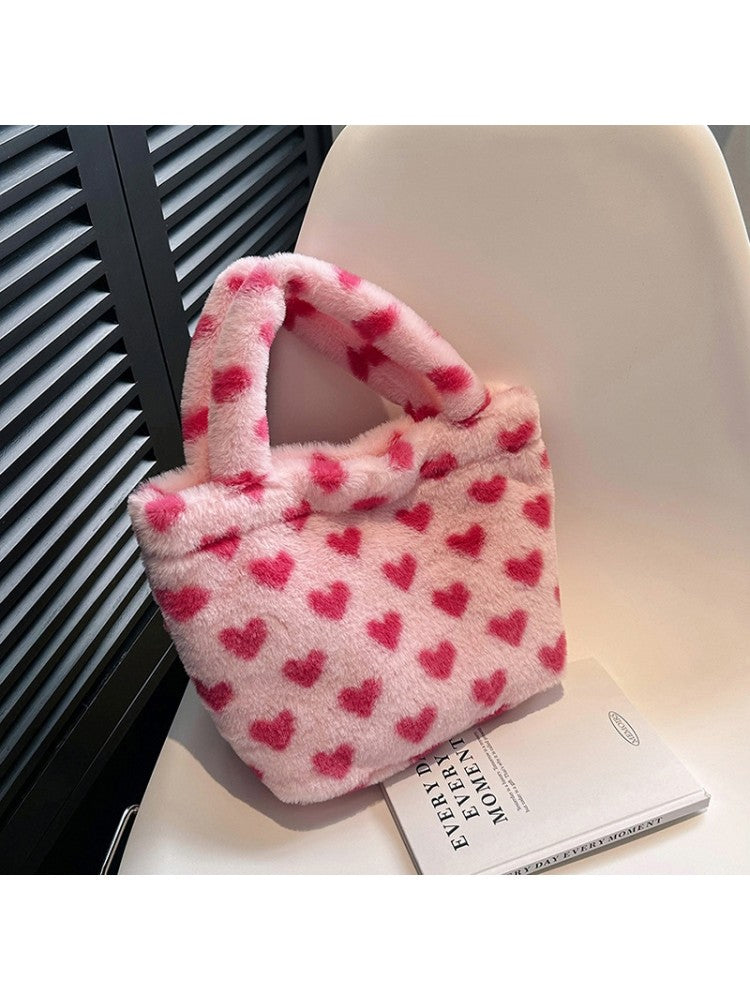 Cute Plush Flower Or Heart Print Tote Bag Handbags