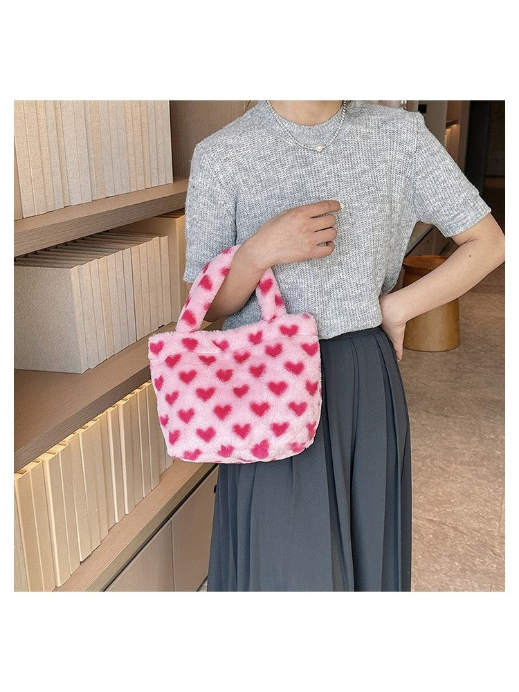 Cute Plush Flower Or Heart Print Tote Bag Handbags