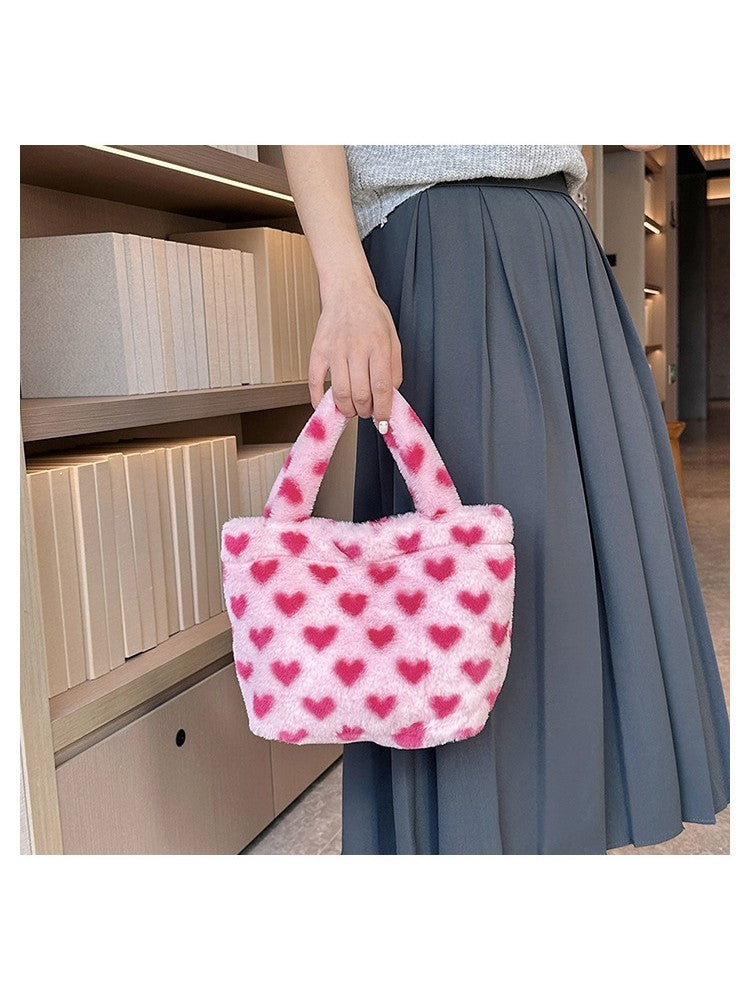 Cute Plush Flower Or Heart Print Tote Bag Handbags