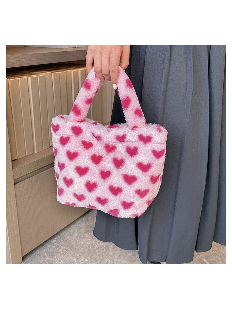 Cute Plush Flower Or Heart Print Tote Bag Handbags