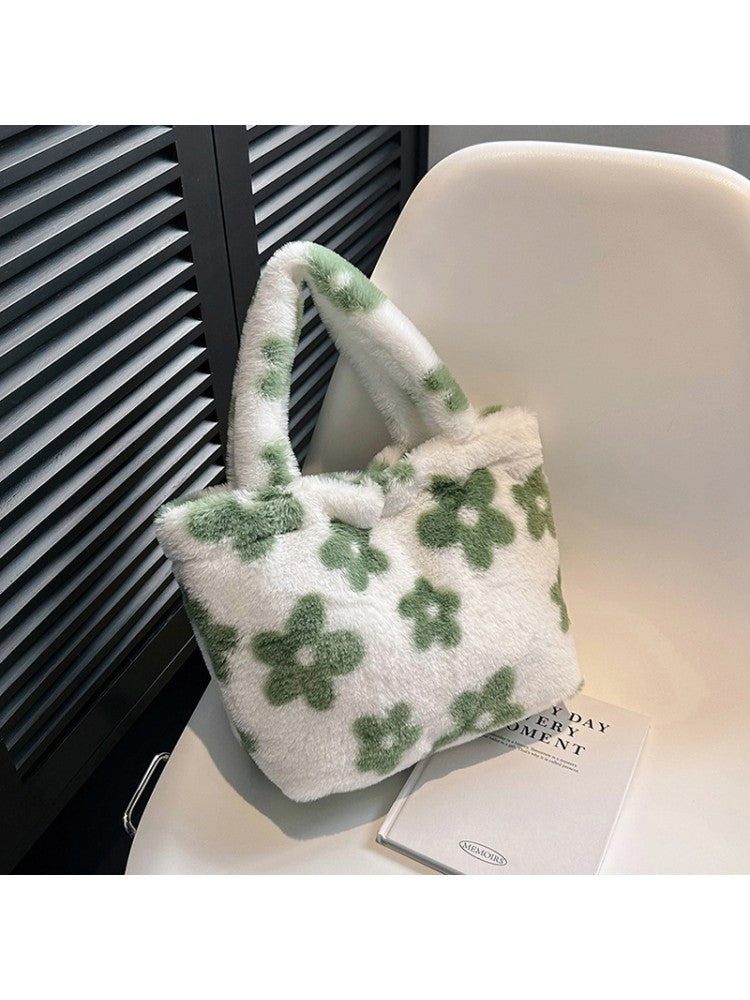 Cute Plush Flower Or Heart Print Tote Bag Handbags