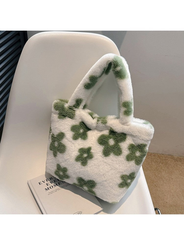 Cute Plush Flower Or Heart Print Tote Bag Handbags