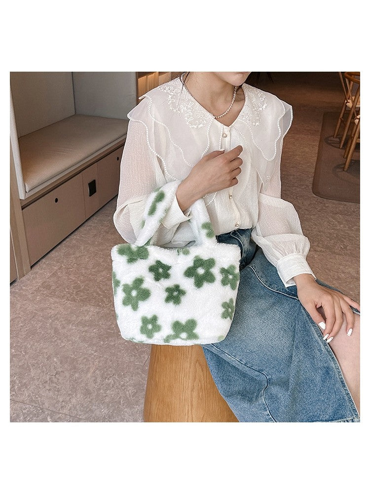 Cute Plush Flower Or Heart Print Tote Bag Handbags