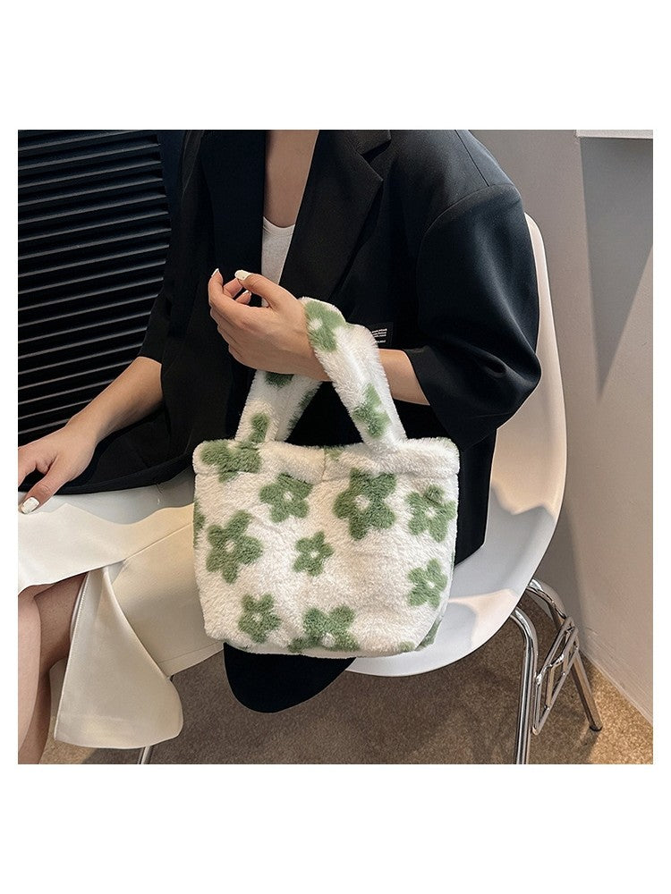 Cute Plush Flower Or Heart Print Tote Bag Handbags