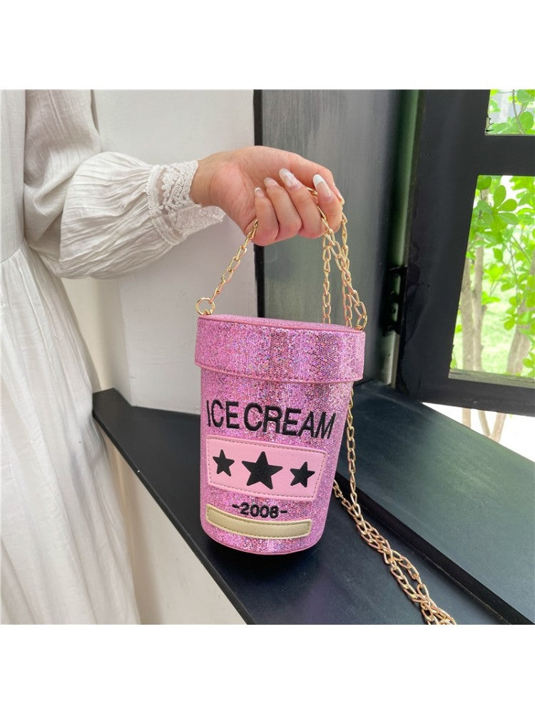 PU Sequins Ice Cream Container Cylinder Fun Fashion Shoulder Handbags