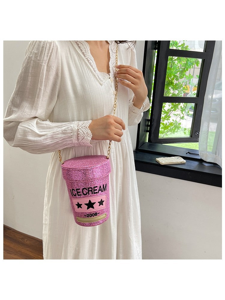 PU Sequins Ice Cream Container Cylinder Fun Fashion Shoulder Handbags