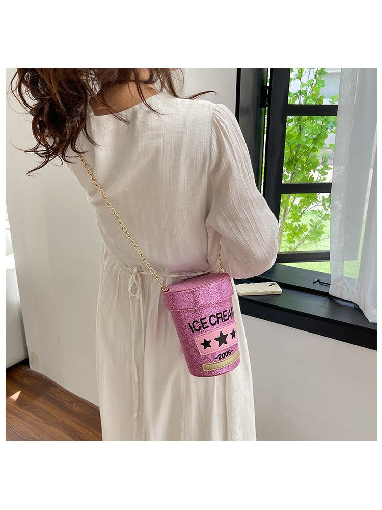 PU Sequins Ice Cream Container Cylinder Fun Fashion Shoulder Handbags