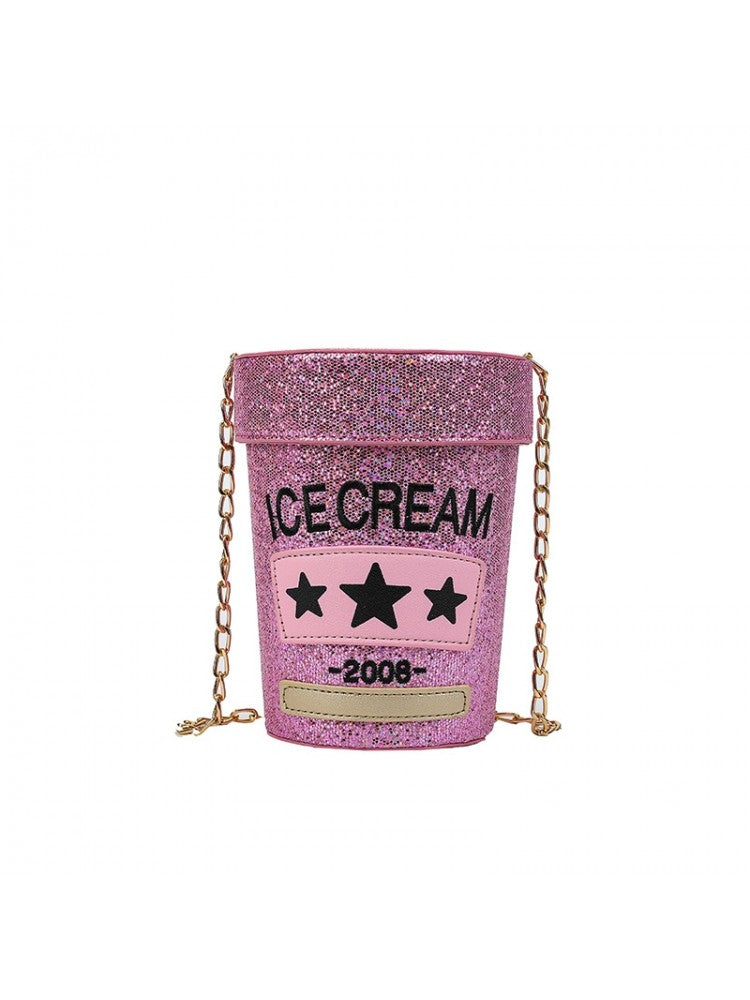 PU Sequins Ice Cream Container Cylinder Fun Fashion Shoulder Handbags