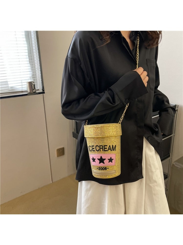 PU Sequins Ice Cream Container Cylinder Fun Fashion Shoulder Handbags