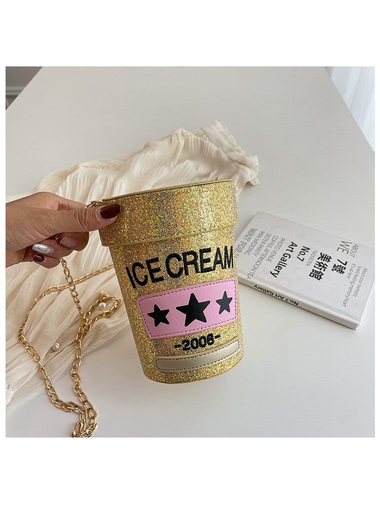 PU Sequins Ice Cream Container Cylinder Fun Fashion Shoulder Handbags