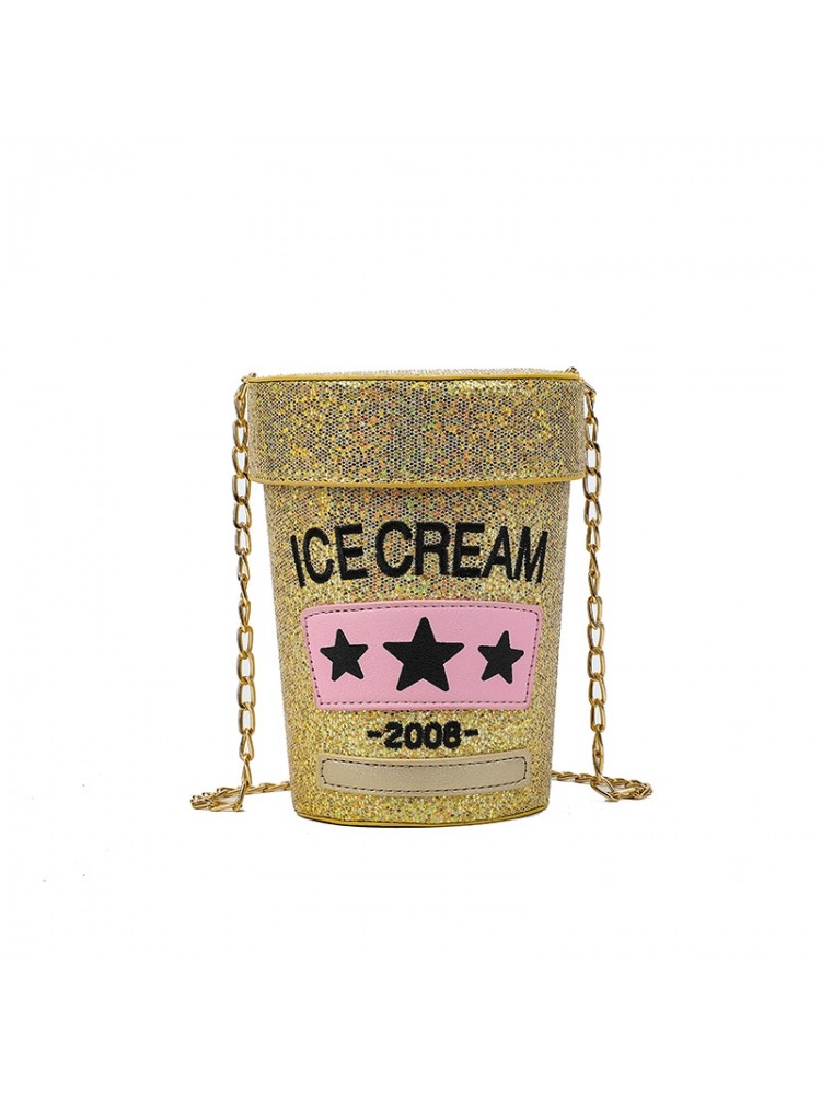 PU Sequins Ice Cream Container Cylinder Fun Fashion Shoulder Handbags