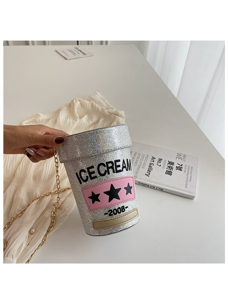 PU Sequins Ice Cream Container Cylinder Fun Fashion Shoulder Handbags