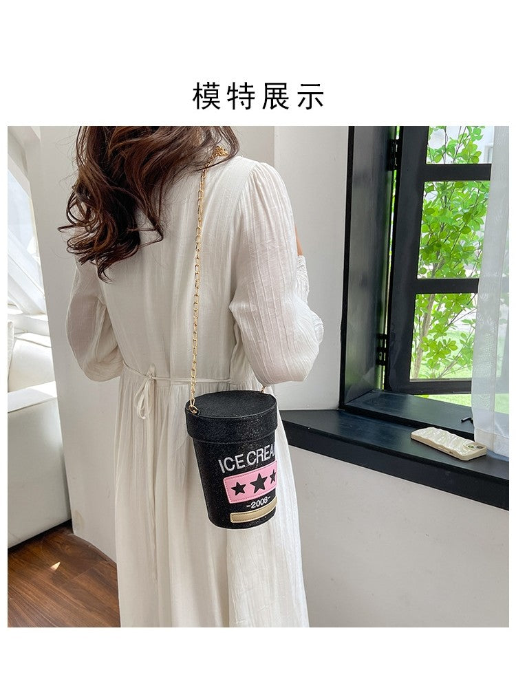 PU Sequins Ice Cream Container Cylinder Fun Fashion Shoulder Handbags