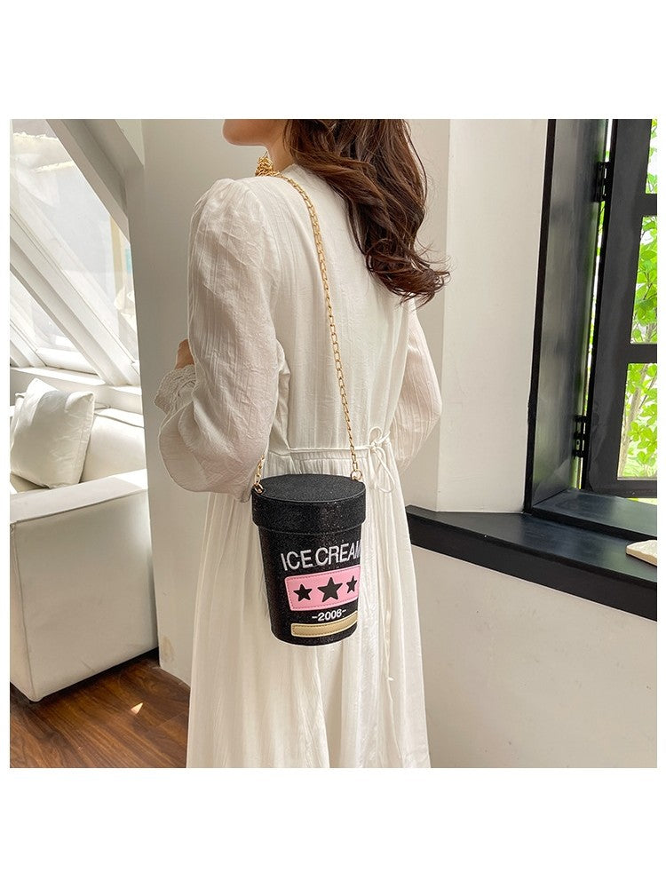 PU Sequins Ice Cream Container Cylinder Fun Fashion Shoulder Handbags