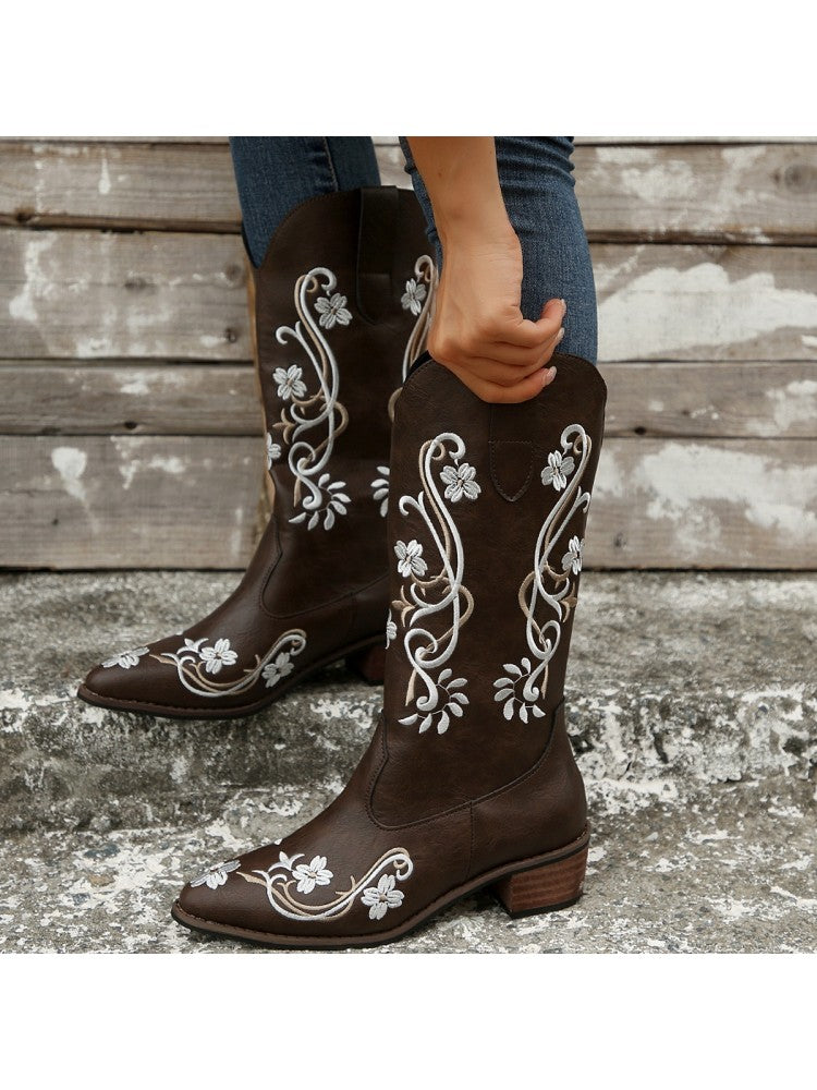 Western Embroidery Plain Color Pointed Toe Boots