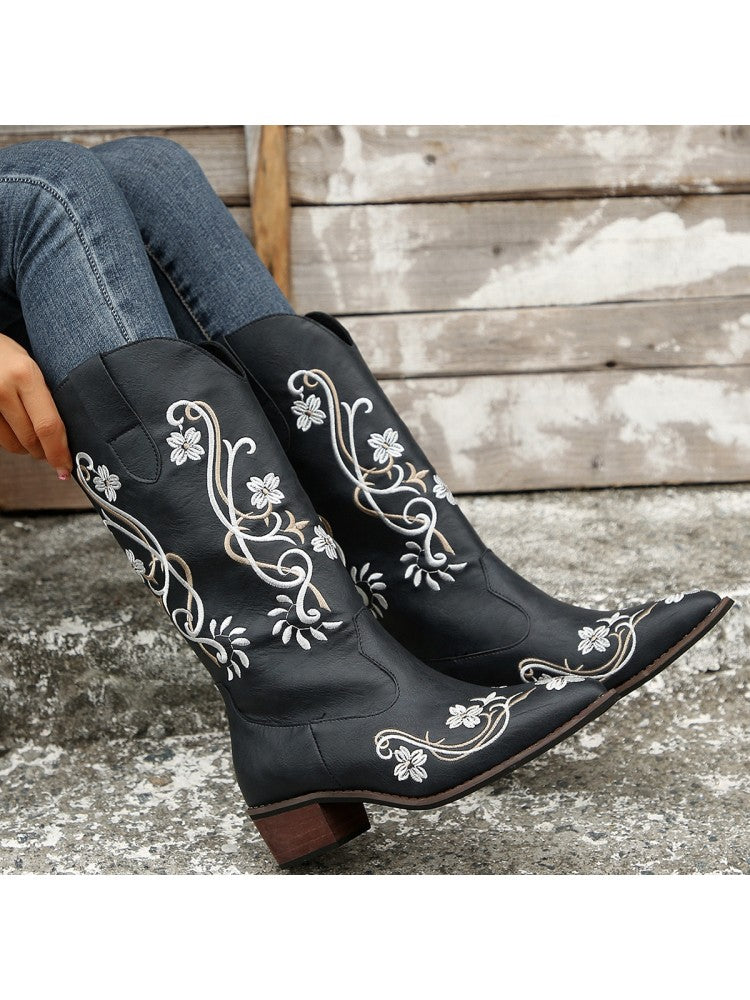 Western Embroidery Plain Color Pointed Toe Boots