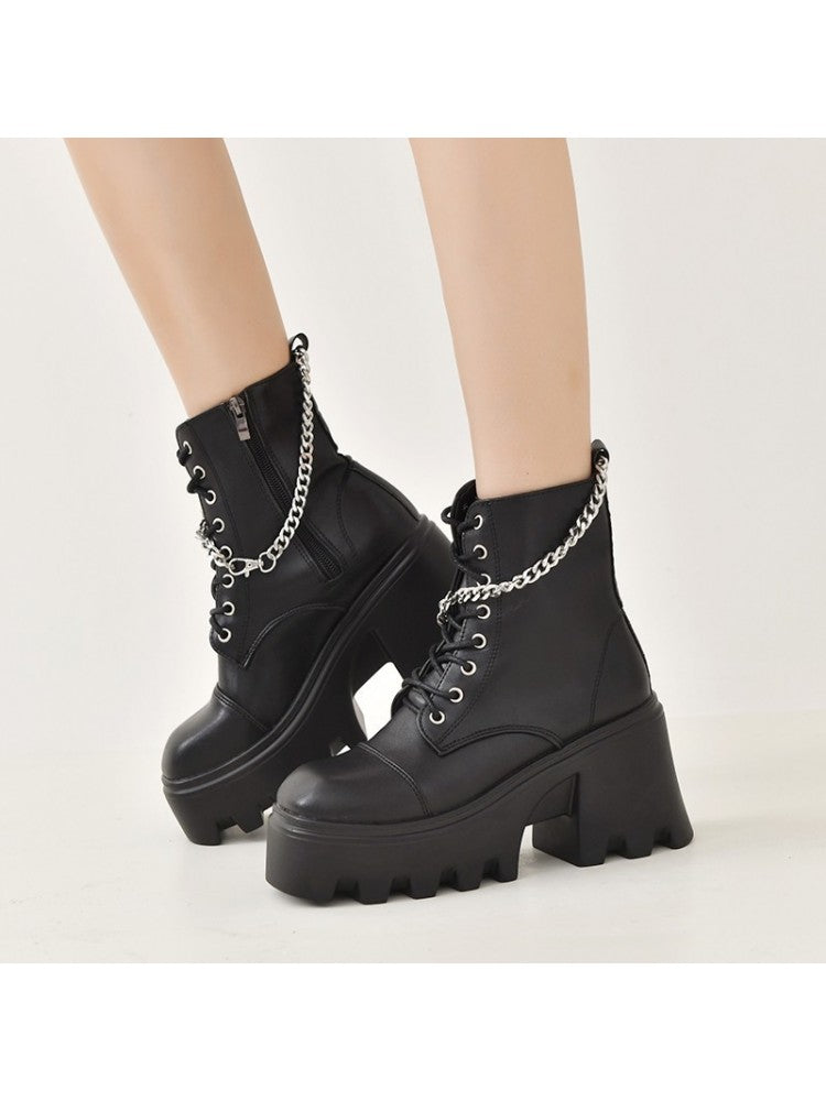 Ankle High Lace-Up Chain Detailing Boots