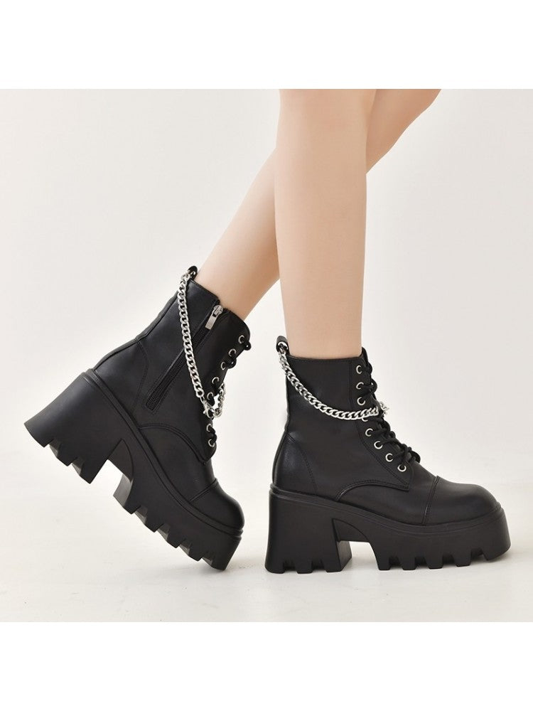 Ankle High Lace-Up Chain Detailing Boots