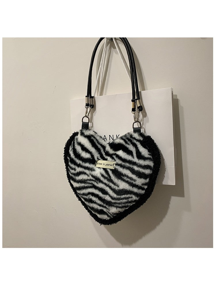 Fluffy Heart Shaped Patterned Fashion Shoulder Handbags Floral, Checkered or Zebra Print