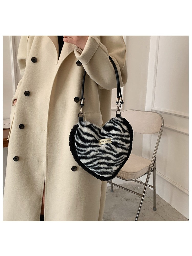 Fluffy Heart Shaped Patterned Fashion Shoulder Handbags Floral, Checkered or Zebra Print