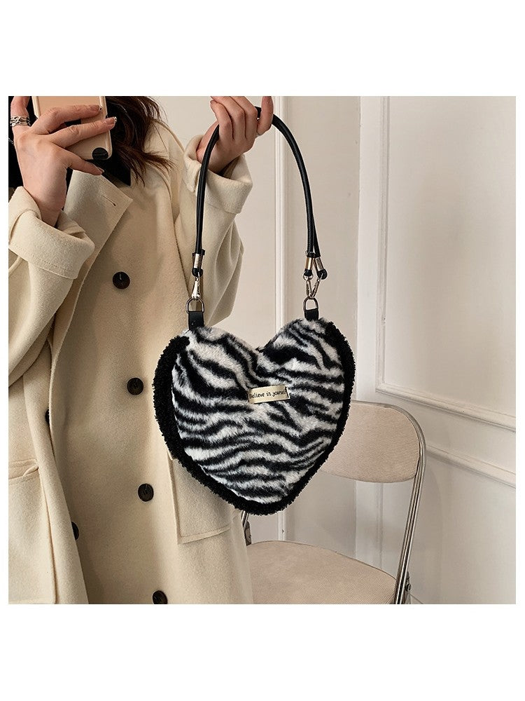 Fluffy Heart Shaped Patterned Fashion Shoulder Handbags Floral, Checkered or Zebra Print