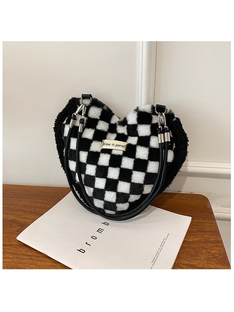 Fluffy Heart Shaped Patterned Fashion Shoulder Handbags Floral, Checkered or Zebra Print