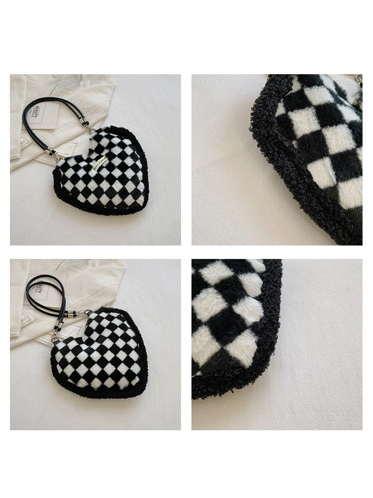 Fluffy Heart Shaped Patterned Fashion Shoulder Handbags Floral, Checkered or Zebra Print