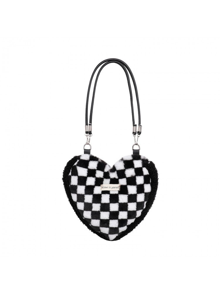 Fluffy Heart Shaped Patterned Fashion Shoulder Handbags Floral, Checkered or Zebra Print