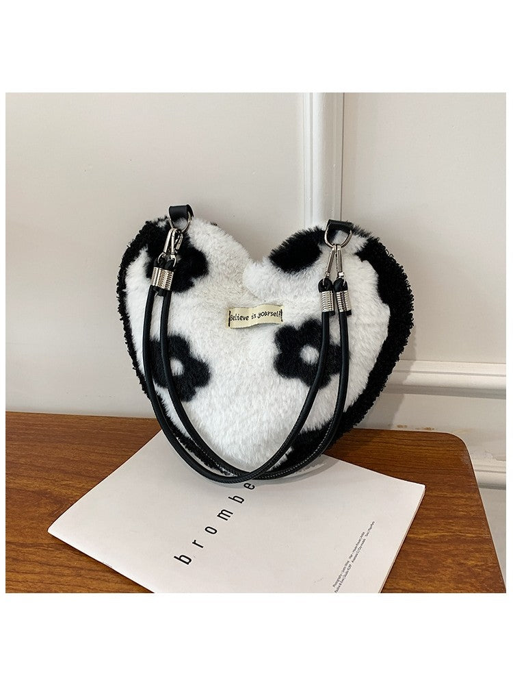 Fluffy Heart Shaped Patterned Fashion Shoulder Handbags Floral, Checkered or Zebra Print