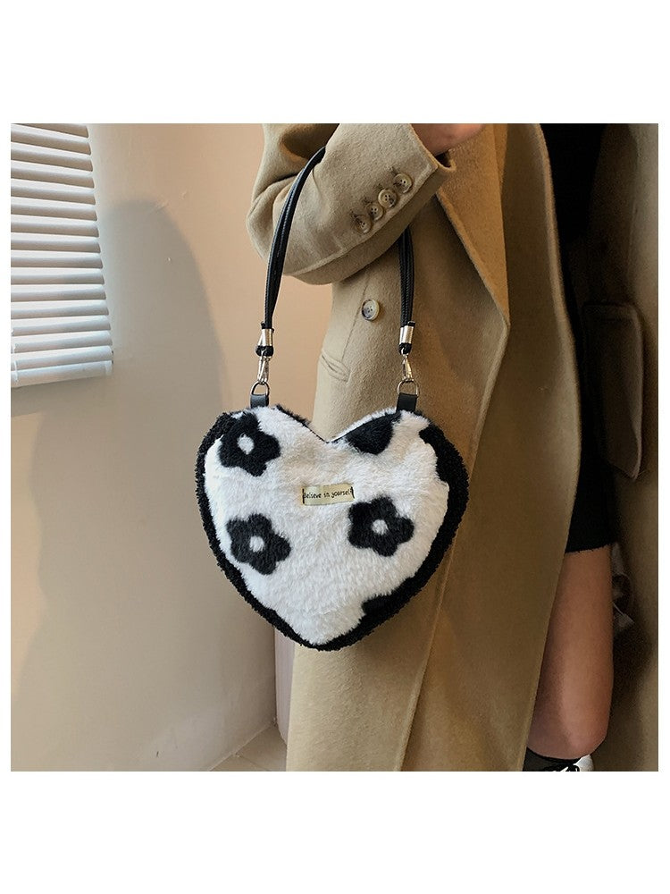 Fluffy Heart Shaped Patterned Fashion Shoulder Handbags Floral, Checkered or Zebra Print