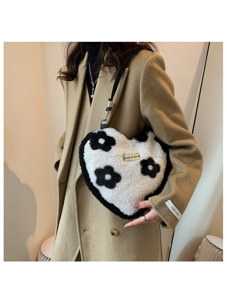 Fluffy Heart Shaped Patterned Fashion Shoulder Handbags Floral, Checkered or Zebra Print