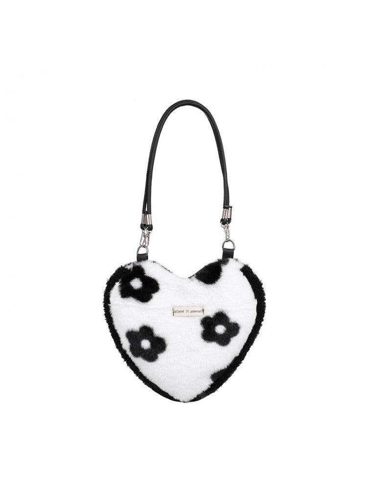 Fluffy Heart Shaped Patterned Fashion Shoulder Handbags Floral, Checkered or Zebra Print