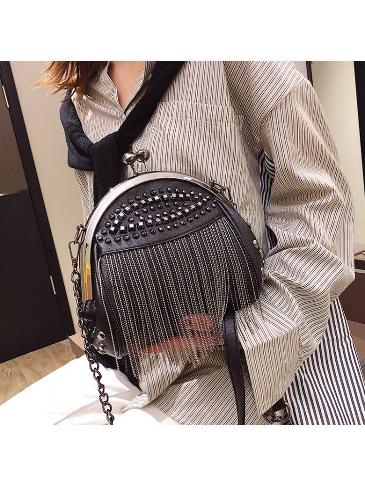 Fringe Embellished Rivet Chain PU Shoulder Fashion Handbags