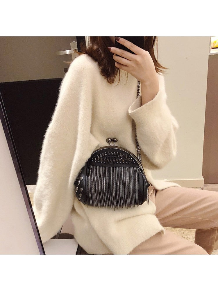 Fringe Embellished Rivet Chain PU Shoulder Fashion Handbags