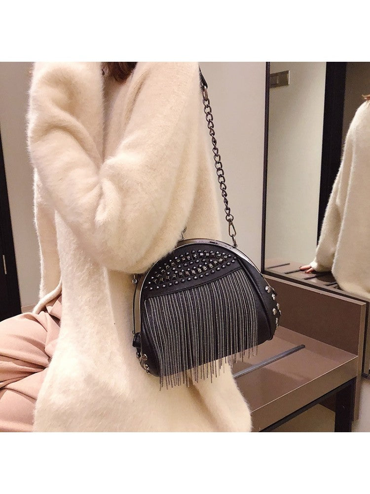 Fringe Embellished Rivet Chain PU Shoulder Fashion Handbags