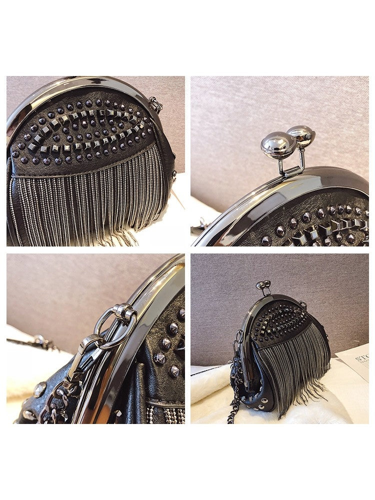 Fringe Embellished Rivet Chain PU Shoulder Fashion Handbags