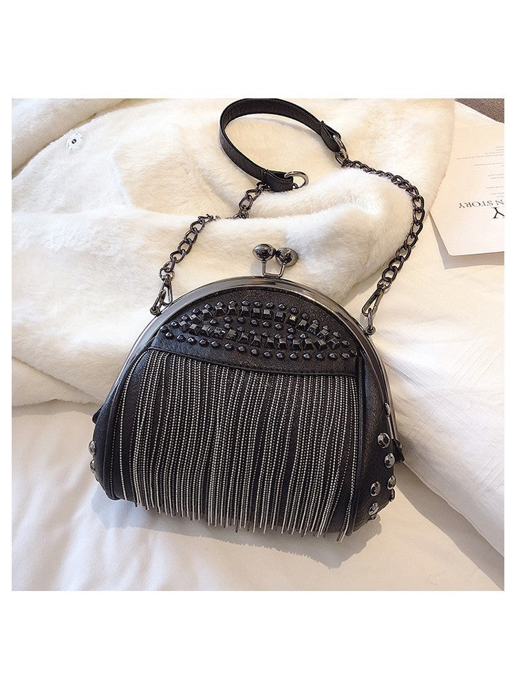 Fringe Embellished Rivet Chain PU Shoulder Fashion Handbags