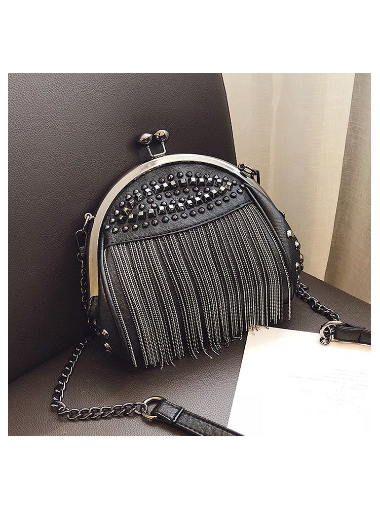 Fringe Embellished Rivet Chain PU Shoulder Fashion Handbags