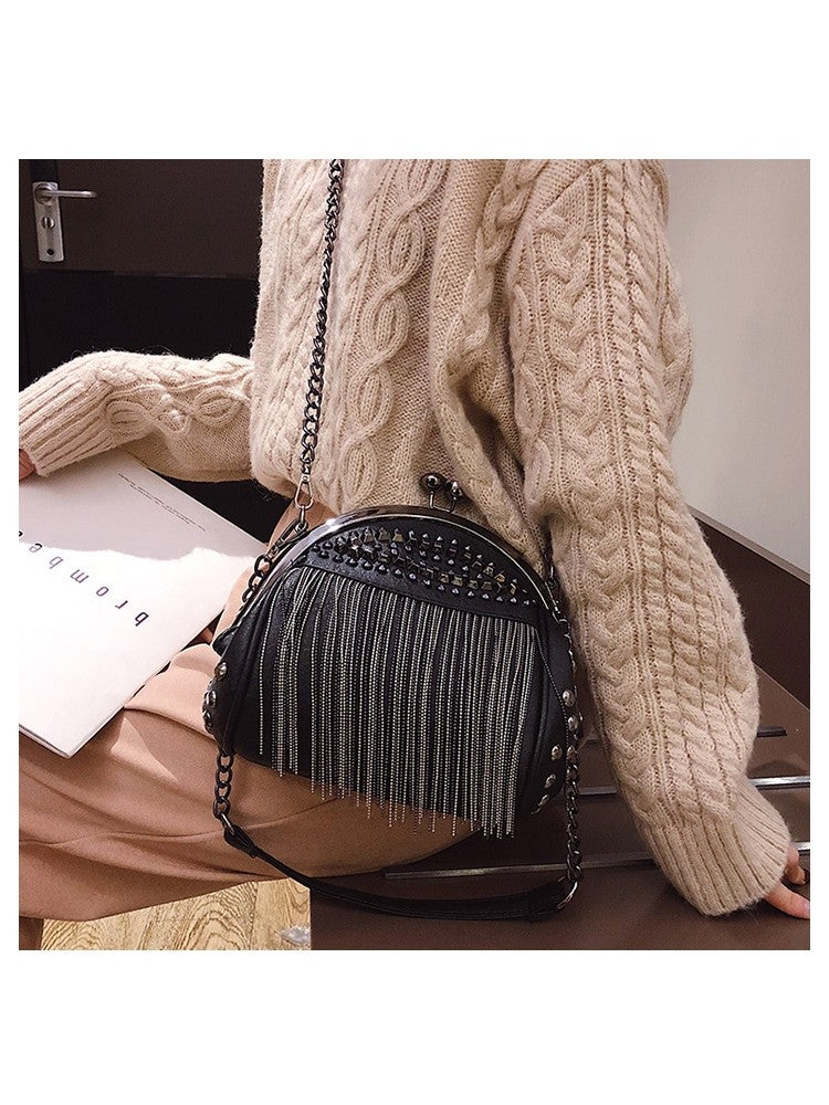 Fringe Embellished Rivet Chain PU Shoulder Fashion Handbags