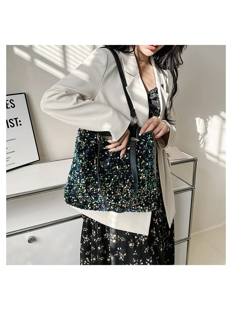 Sequin Sparkle Zipper PU Fashionable Shoulder Handbags