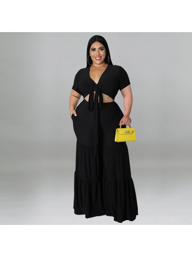 Patchwork Plus Size Tie Front Crop Top and Wide Flare Leg Pants Set