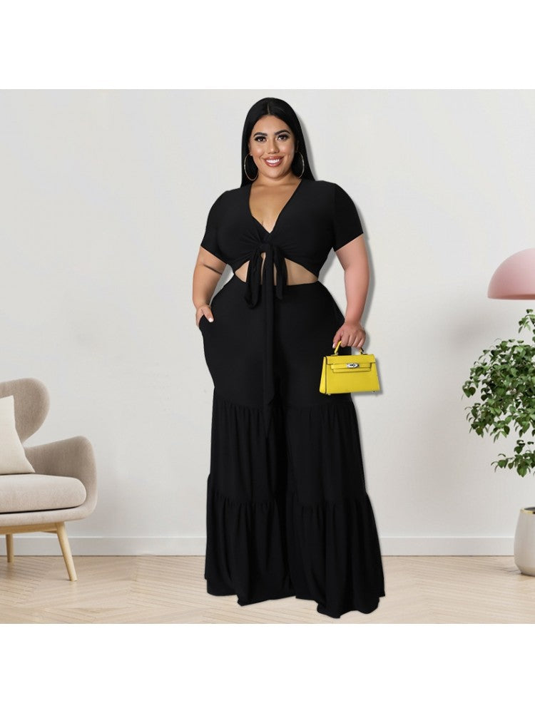 Patchwork Plus Size Tie Front Crop Top and Wide Flare Leg Pants Set