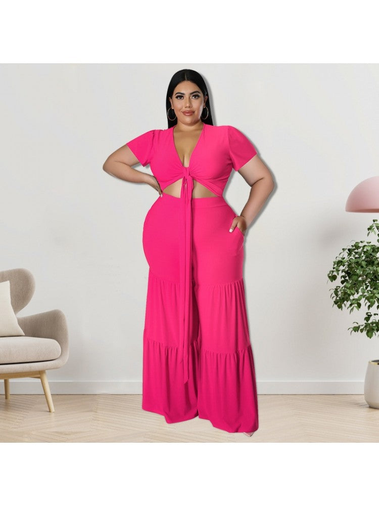 Patchwork Plus Size Tie Front Crop Top and Wide Flare Leg Pants Set