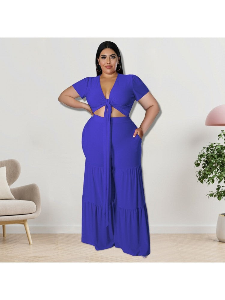 Patchwork Plus Size Tie Front Crop Top and Wide Flare Leg Pants Set