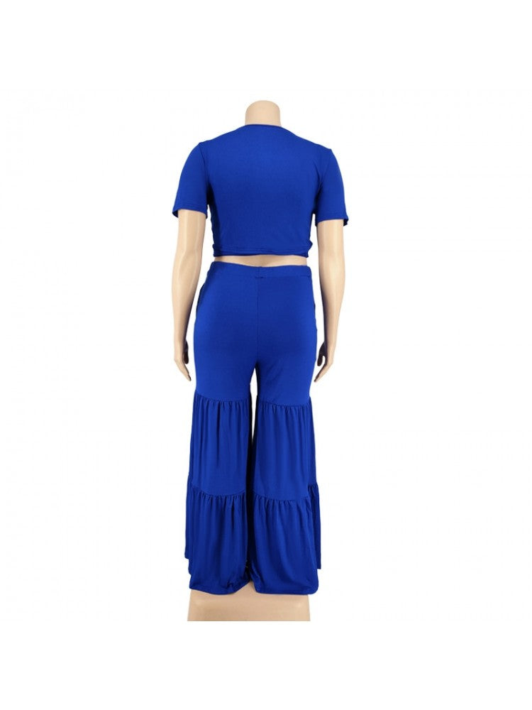 Patchwork Plus Size Tie Front Crop Top and Wide Flare Leg Pants Set