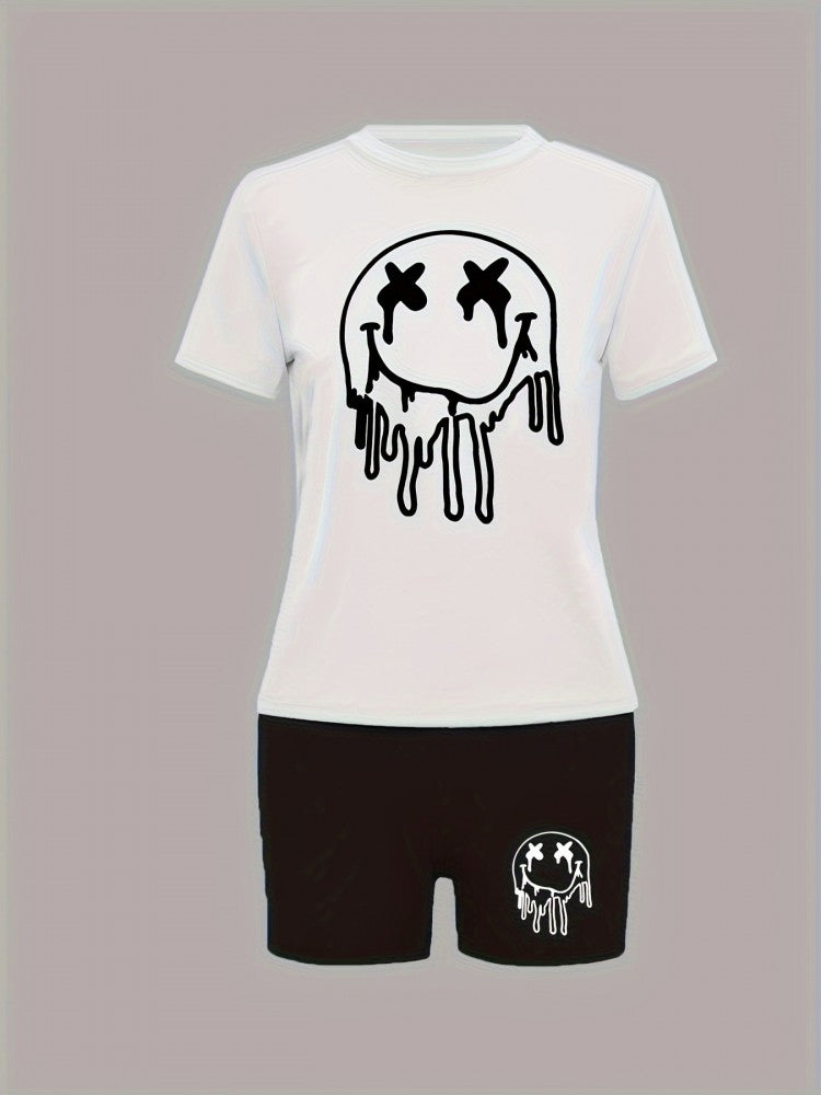 Smile Face Printed Short Sleeve Graphic Tee Shirt & Bike Shorts Set